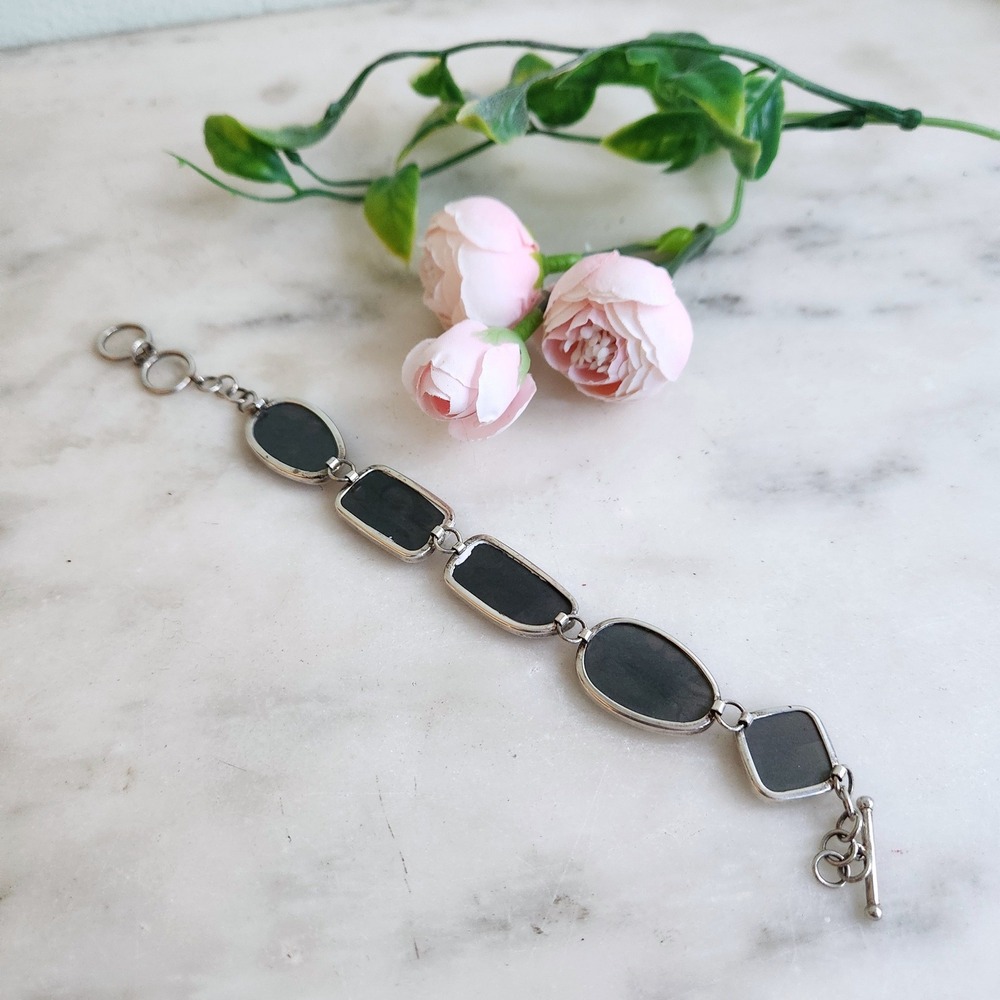LUC 925 Sterling Silver Abalone Shell Toggle Link Bracelet Iridescent Boho - Picture 5 of 6